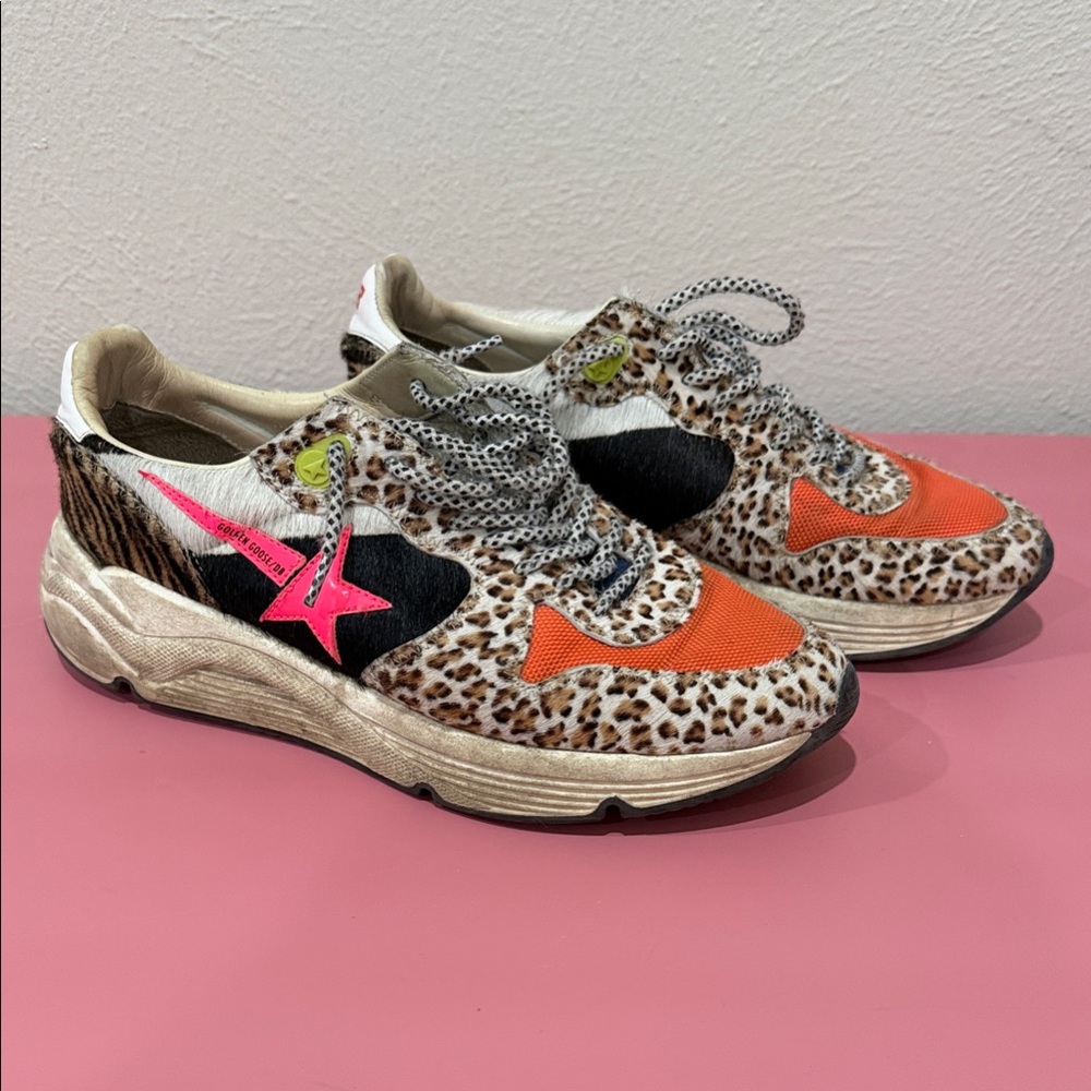 Golden Goose Leopard Print Sneakers with Pink and Orange Accents